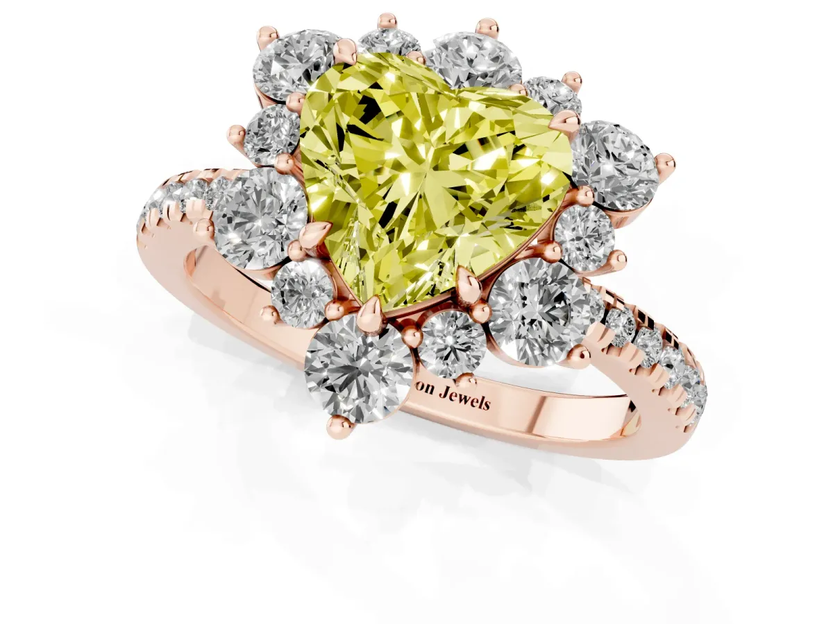 Fancy Yellow Heart Cut Diamond Floral Halo Ring with Round Pavé Band and Prong Setting Rose gold