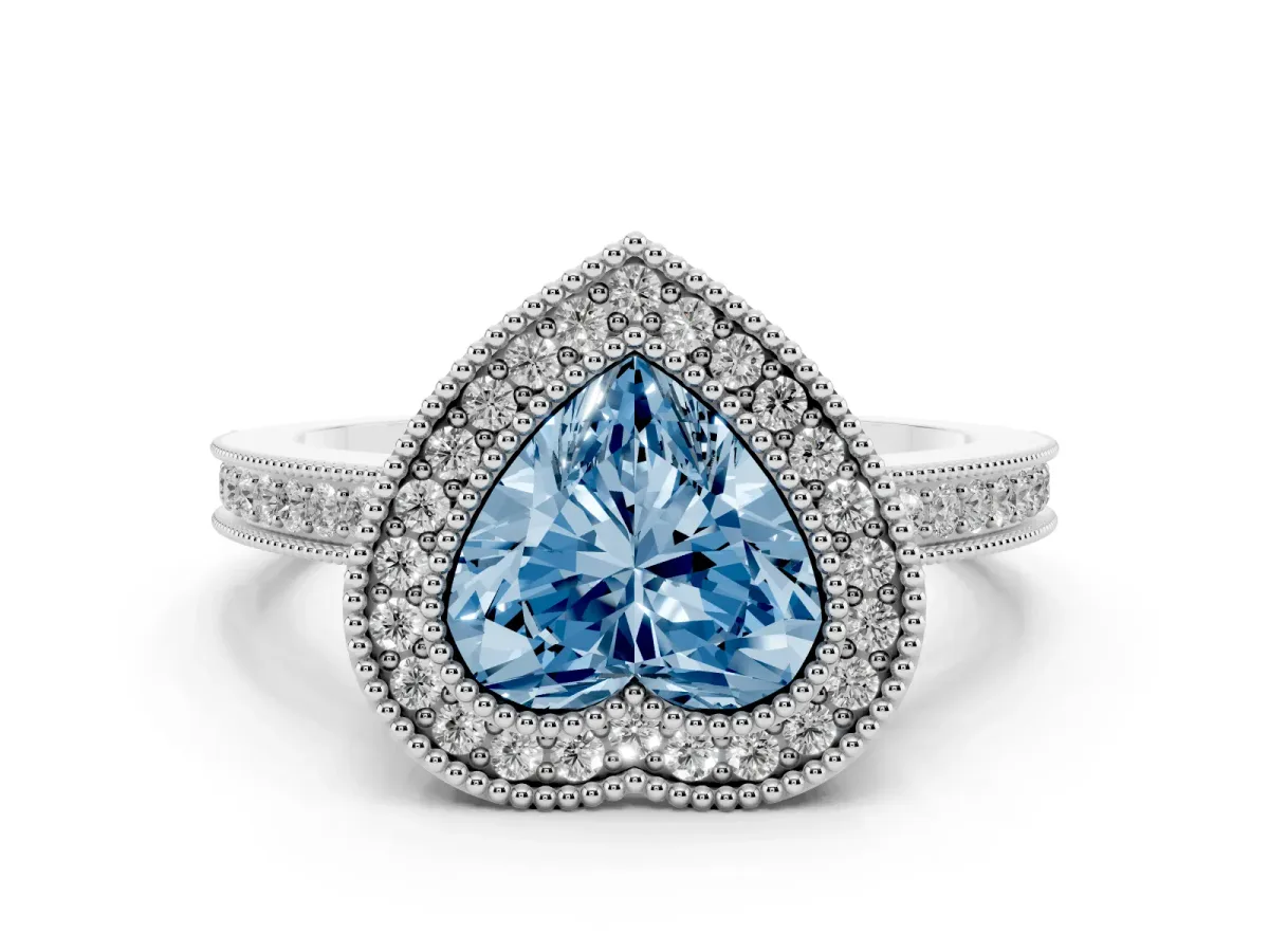 Fancy Blue Heart Cut Cut Halo Diamond Ring with Pavé Band and Milgrain Prong Setting Platinum
