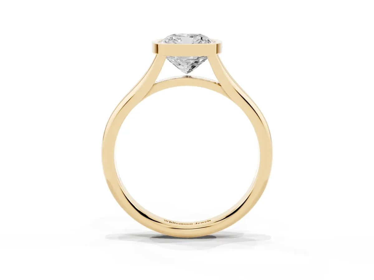 Bezel Set Cushion Cut Cut Solitaire Ring with Tapered Band Yellow gold