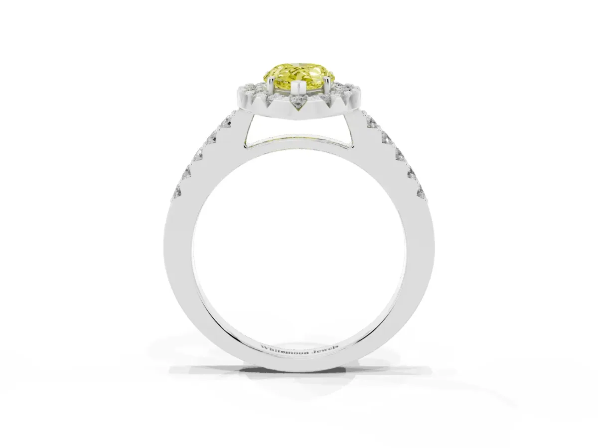 Fancy Yellow Pear Cut Halo Diamond Pavé Solitaire Ring White gold