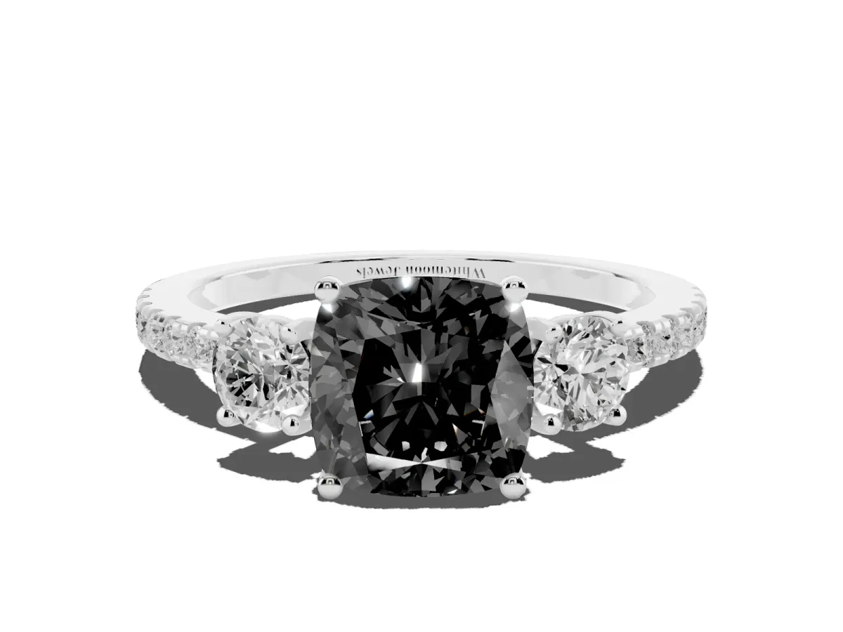 Fancy Black Three-Stone Cushion Cut Cut Diamond Pavé Band with Prong Setting Platinum