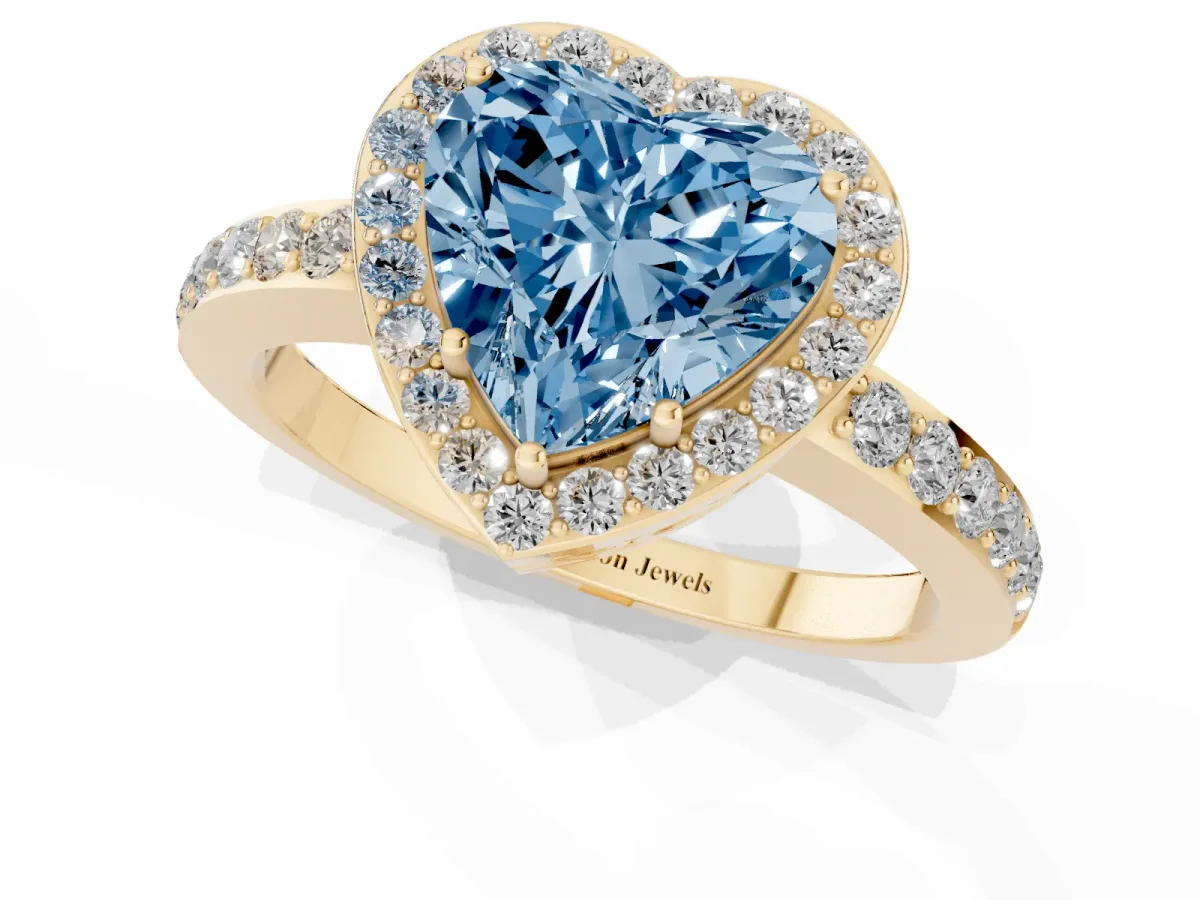 Fancy Blue Heart Cut Halo Diamond Pavé Band Ring with Prong Setting Yellow gold