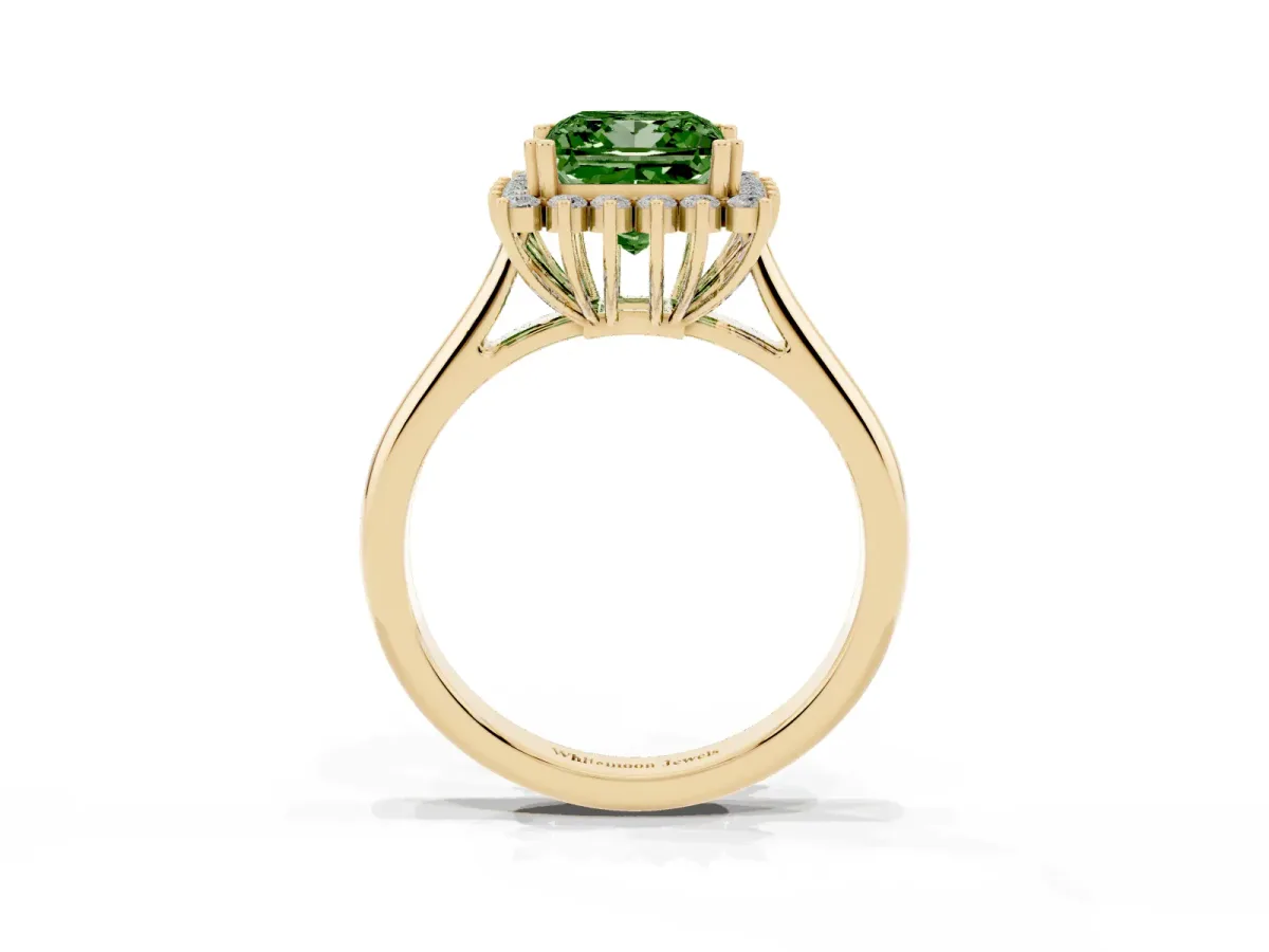 Fancy Green Princess Cut Cut Diamond Halo Ring with Solitaire Band and Prong Setting Yellow gold