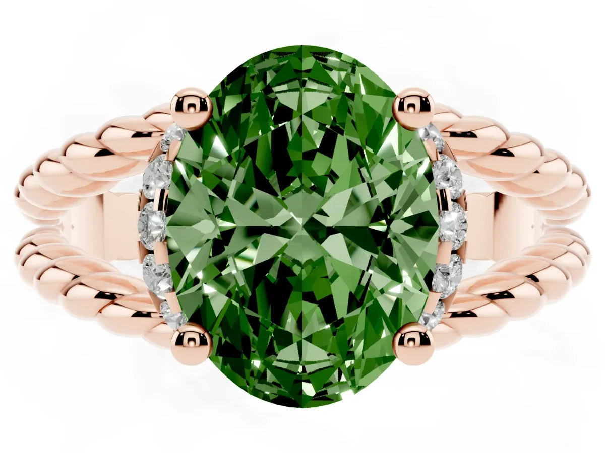 Fancy Green Oval Cut Halo Twisted Band Four-Prong Ring Rose gold
