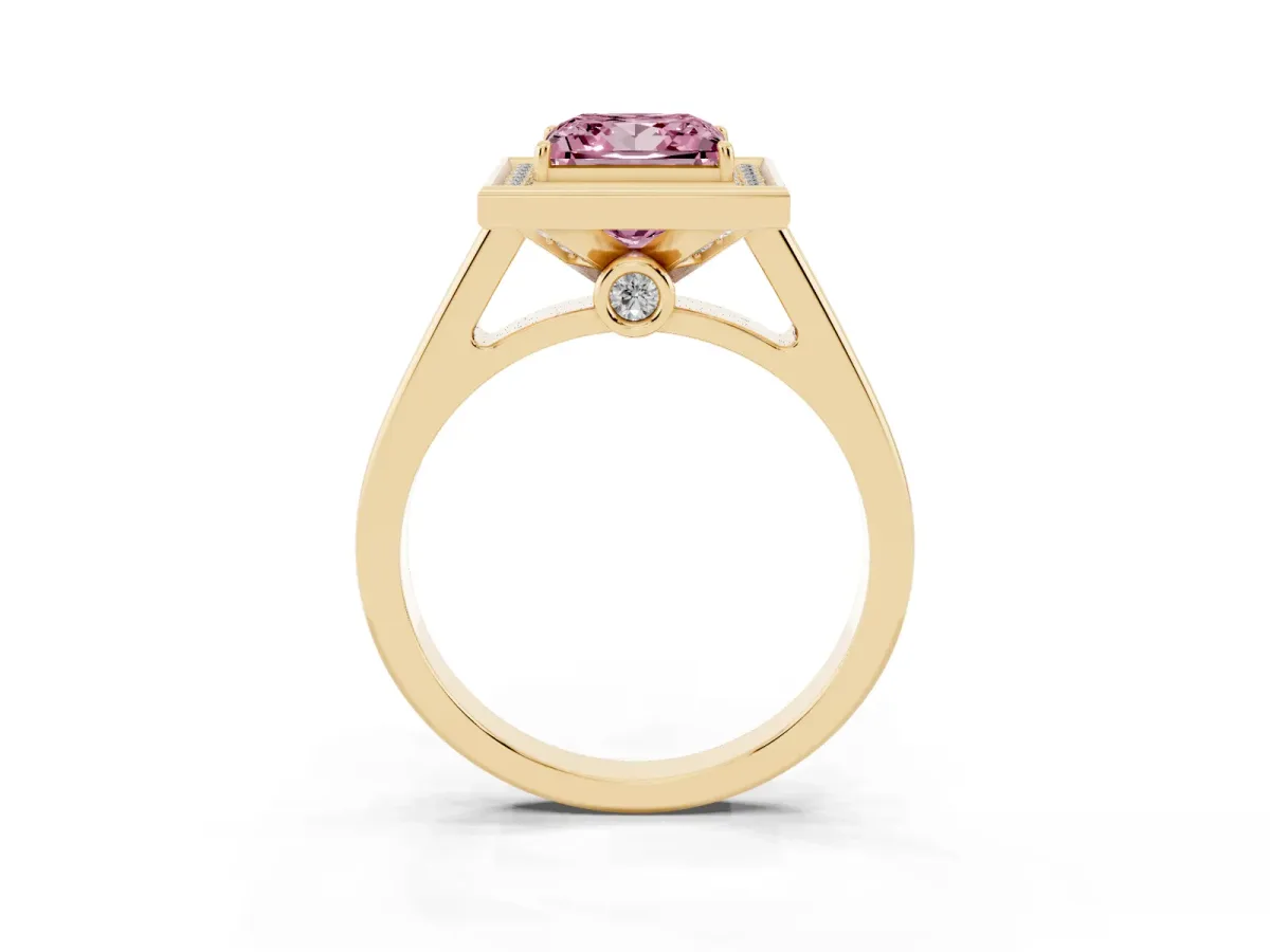 Fancy Pink Princess Cut Halo Solitaire Diamond Ring with Pave Band and Bezel Setting Yellow gold