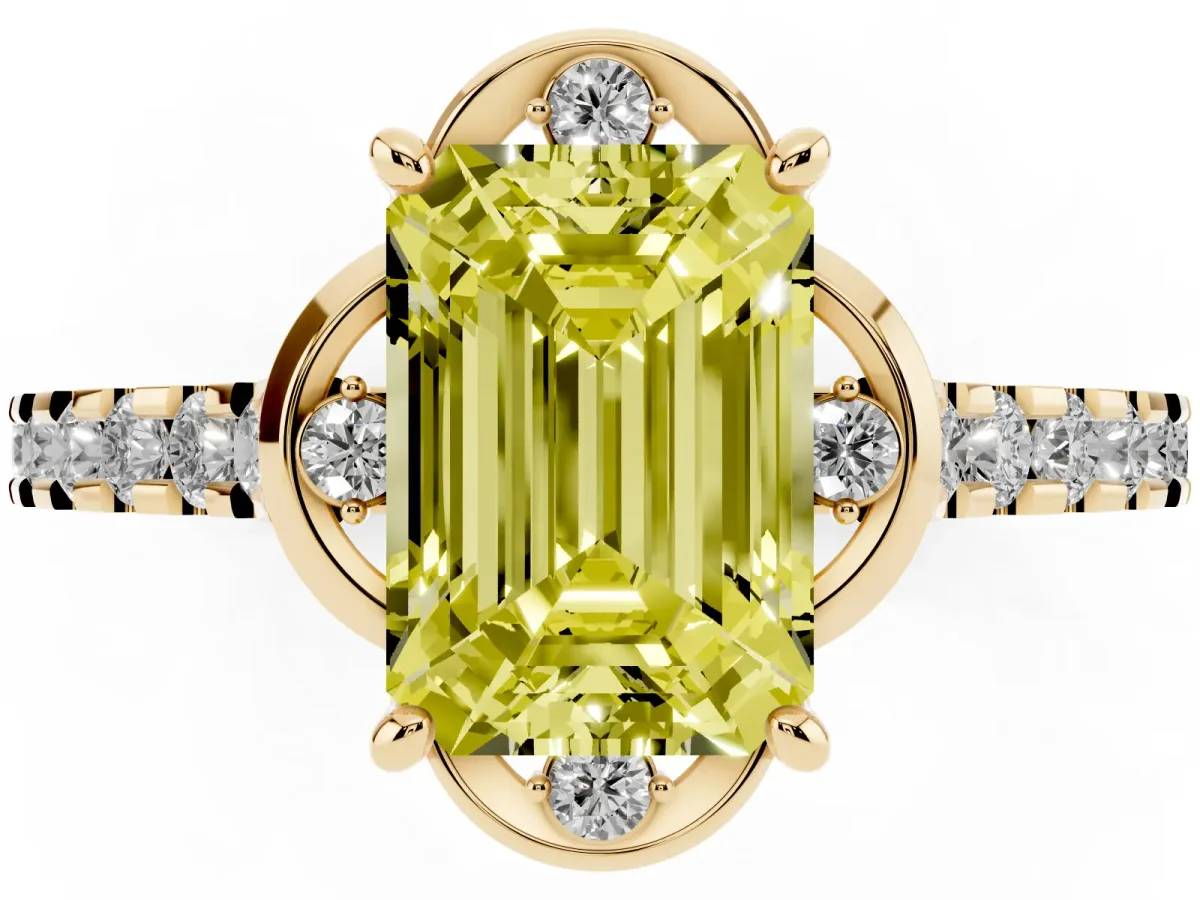Fancy Yellow Emerald Cut Diamond Ring with Pavé Band and Floral Prong Setting Yellow gold