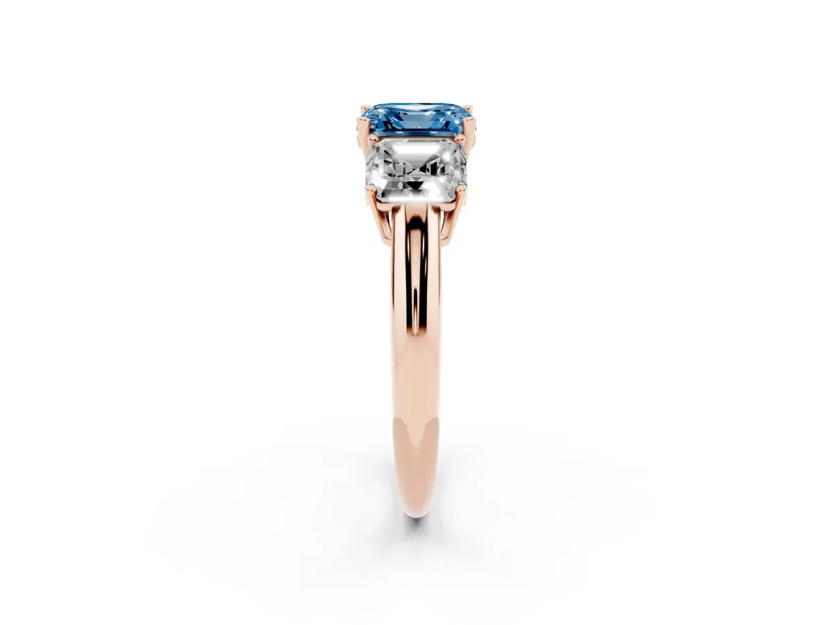 Fancy Blue Three-Stone Asscher Cut Cut Diamond Engagement Ring with Prong Setting on a White Gold Band Rose gold