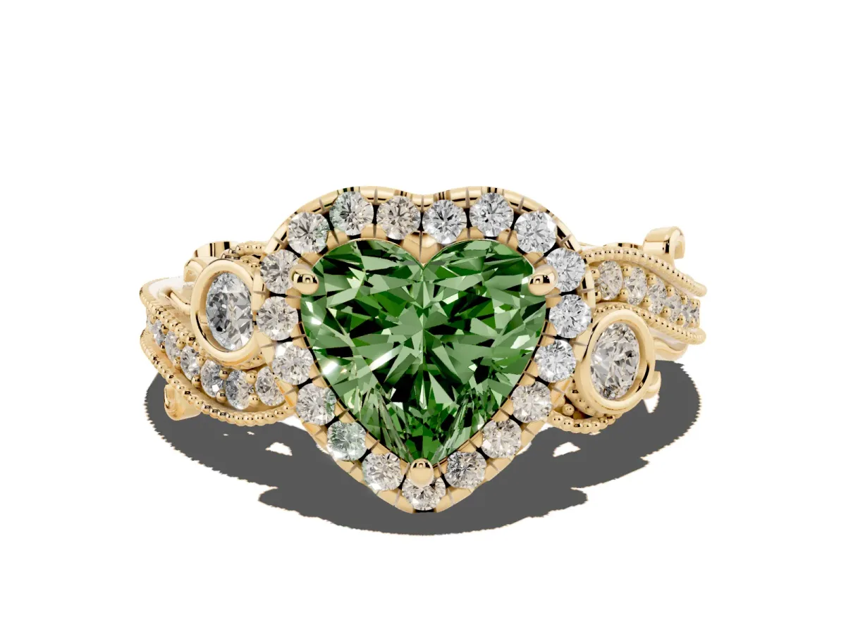 Fancy Green Heart Cut Diamond Halo Ring with Milgrain Pavé Band and Four-Prong Setting Yellow gold