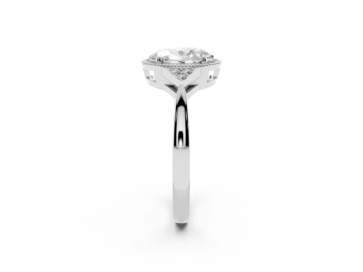Hexagonal Halo Oval Cut Diamond Solitaire with Pavé Band and Four-Prong Setting Platinum