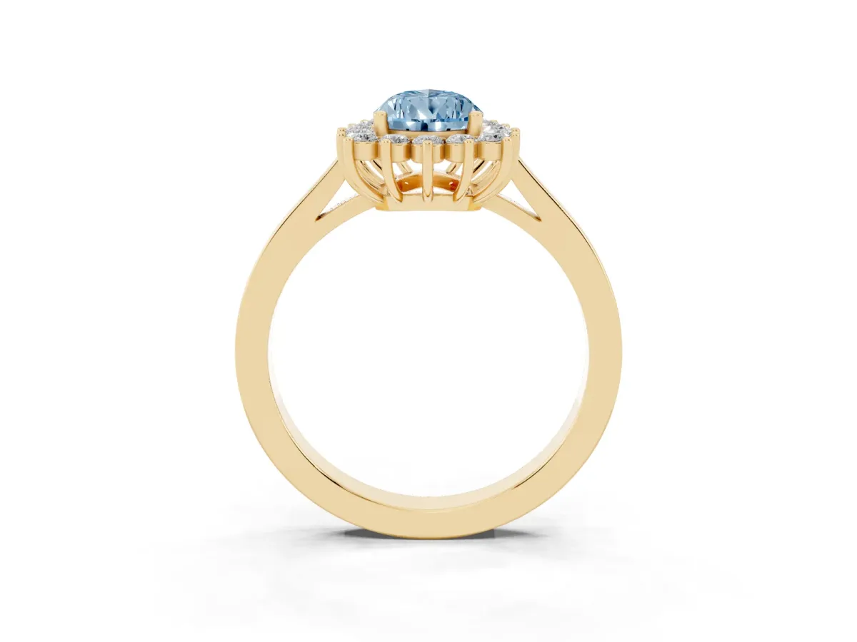 Fancy Blue Pear Cut Cut Diamond Halo Ring with Round Brilliant Halo and Solitaire Band Yellow gold