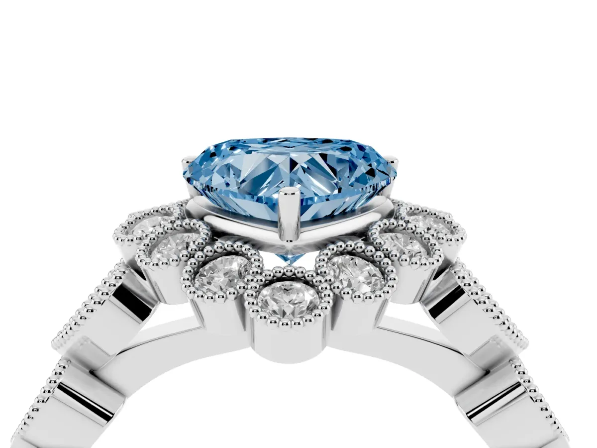 Fancy Blue Heart Cut Brilliant Milgrain Pave Heart Band Solitaire Ring White gold