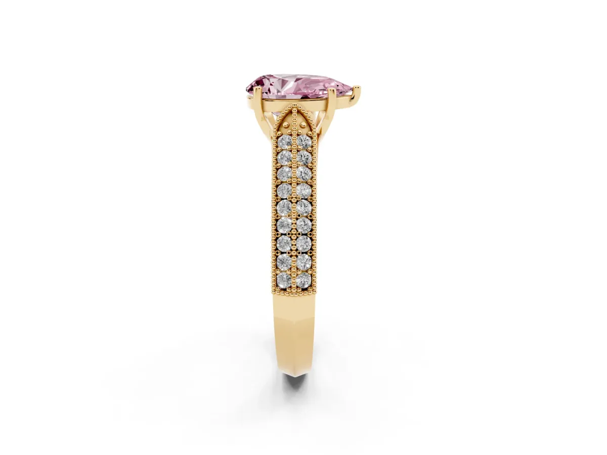 Fancy Pink Pear Cut Cut Pave Split Shank Engagement Ring with Four-Prong Setting Yellow gold