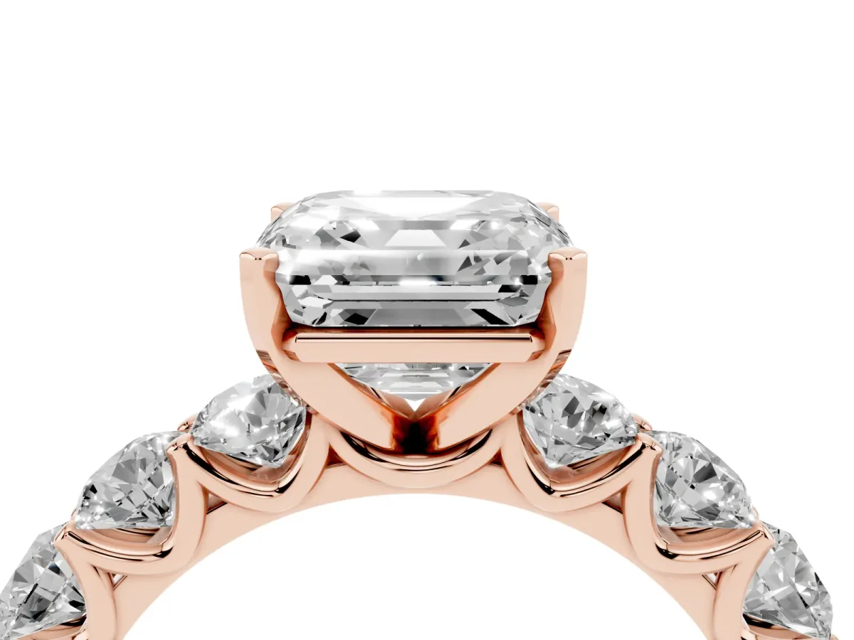 Asscher Cut Diamond Prong Setting with Side Stones on a Pave Band Rose gold