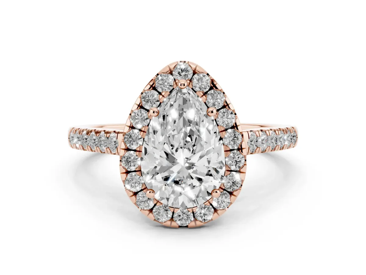 Pear Cut Halo Pave Diamond Engagement Ring with Four-Prong Setting Rose gold
