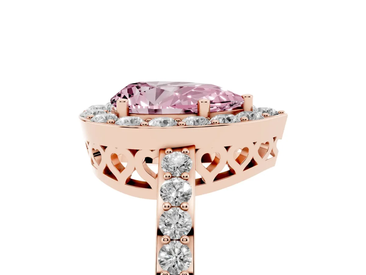 Fancy Pink Pear Cut Halo Diamond Pavé Band Ring with Prong Setting Rose gold