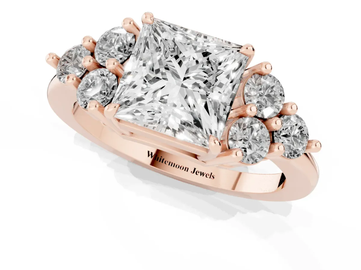 Princess Cut Brilliant Diamond Cluster Accent Solitaire Ring with Prong Setting Rose gold