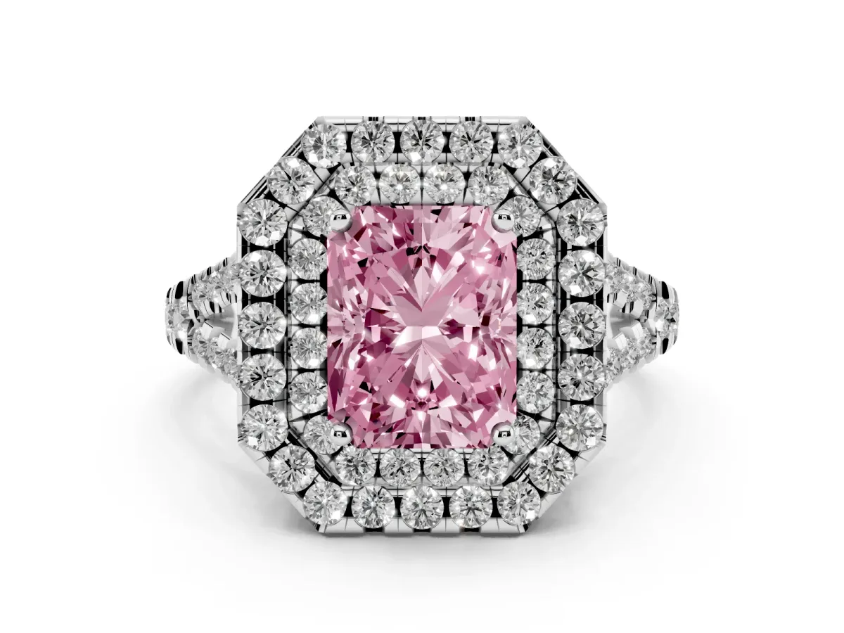 Fancy Pink Double Halo Radiant Cut Diamond Pavé Split Shank Ring with Prong Setting Silver