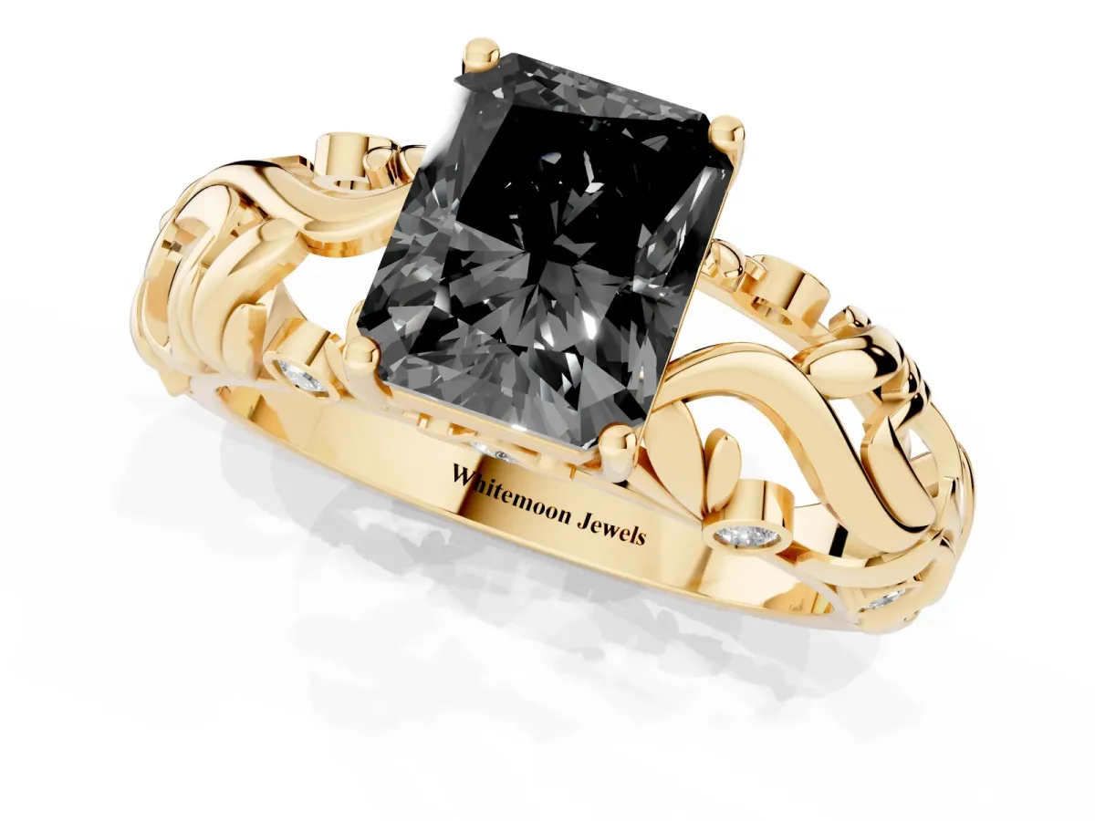 Fancy Black Radiant Cut Solitaire Diamond Leaf-Inspired Vine Band Ring with Prong Setting Yellow gold
