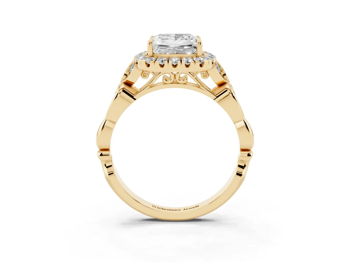 Princess Cut Halo Diamond Engagement Ring with Vintage-Inspired Band and Four-Prong Setting Yellow gold