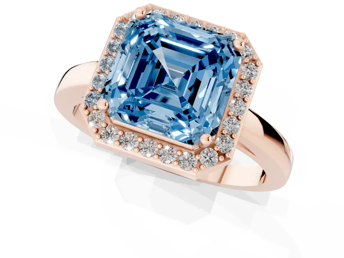 Fancy Blue Asscher Cut Halo Diamond Ring with Solitaire Band and Prong Setting Rose gold