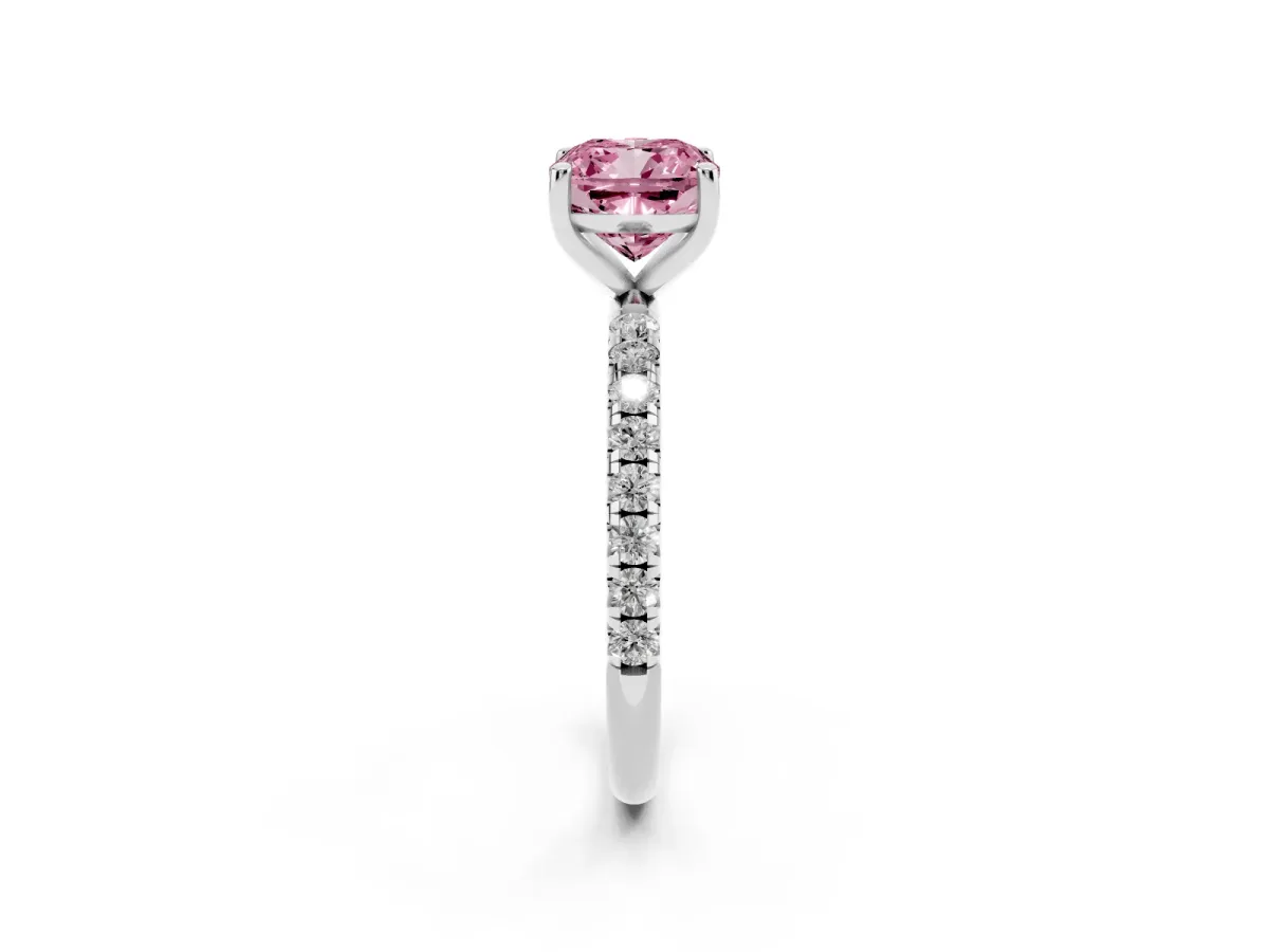 Fancy Pink Cushion Cut Cut Diamond Solitaire Ring with Micro Pave Band and Four Prong Setting Silver