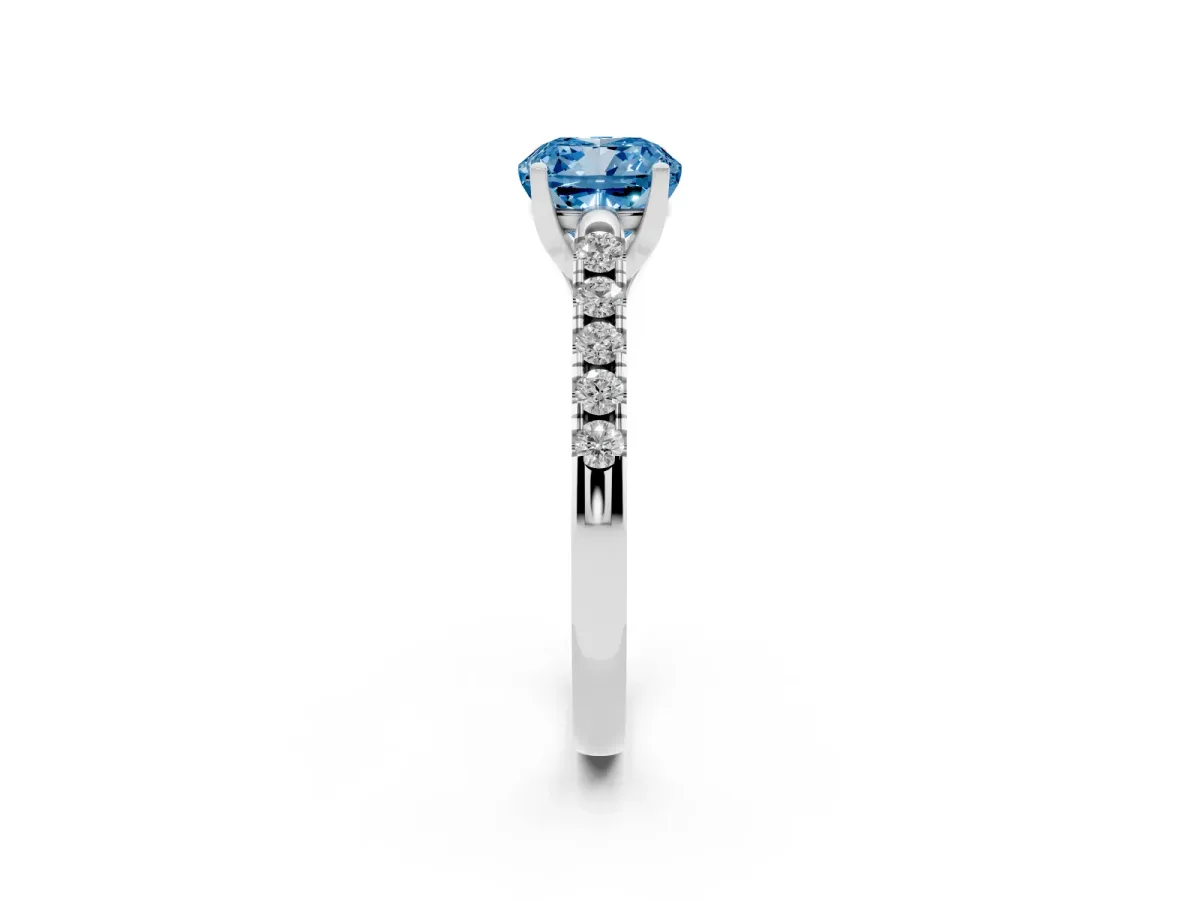 Fancy Blue Cushion Cut Diamond Pavé Band Solitaire Ring with Prong Setting Platinum