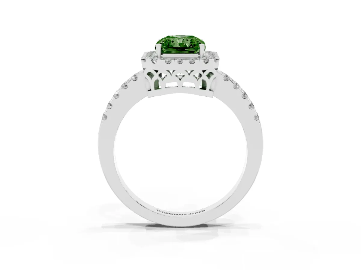 Fancy Green Radiant Cut Halo Diamond Engagement Ring with Pavé Band and Four-Prong Setting Silver