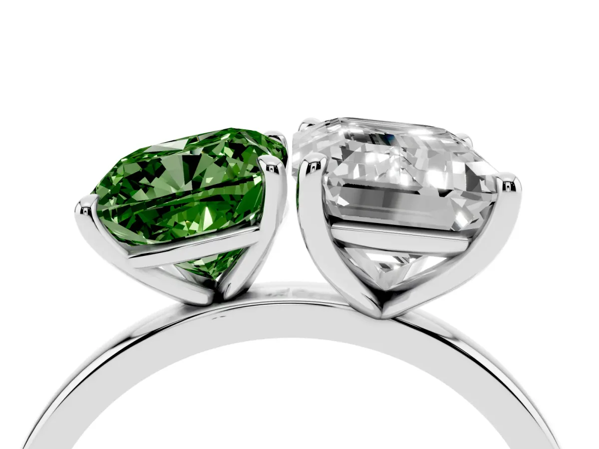 Fancy Green Cushion Cut and Emerald Cut Toi Moi Ring with Prong Setting Silver