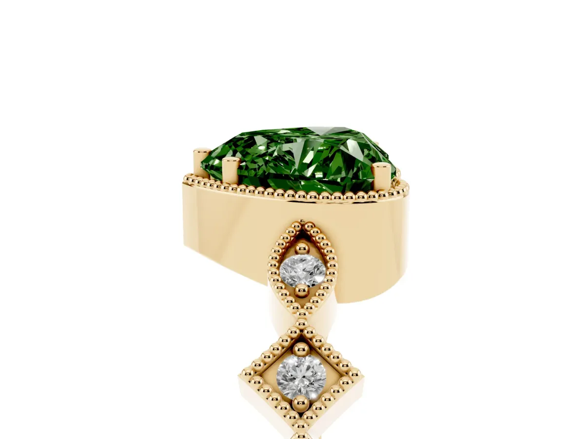 Fancy Green Heart Cut Milgrain Marquise Diamond Twist Band Ring Yellow gold