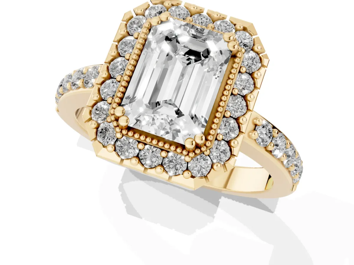Emerald Cut Diamond Halo Ring with Pavé Band and Prong Setting Yellow gold
