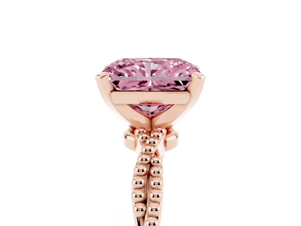 Fancy Pink Radiant Cut Solitaire Twisted Band with Bead Prong Setting Rose gold