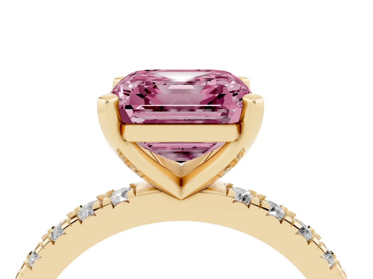 Fancy Pink Asscher Cut Diamond Pavé Band Solitaire with Four-Prong Setting Yellow gold