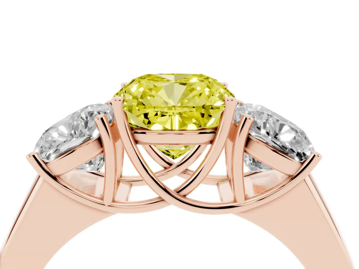 Fancy Yellow Three-Stone Cushion Cut Cut Diamond Ring with Prong Setting and Classic Band Rose gold