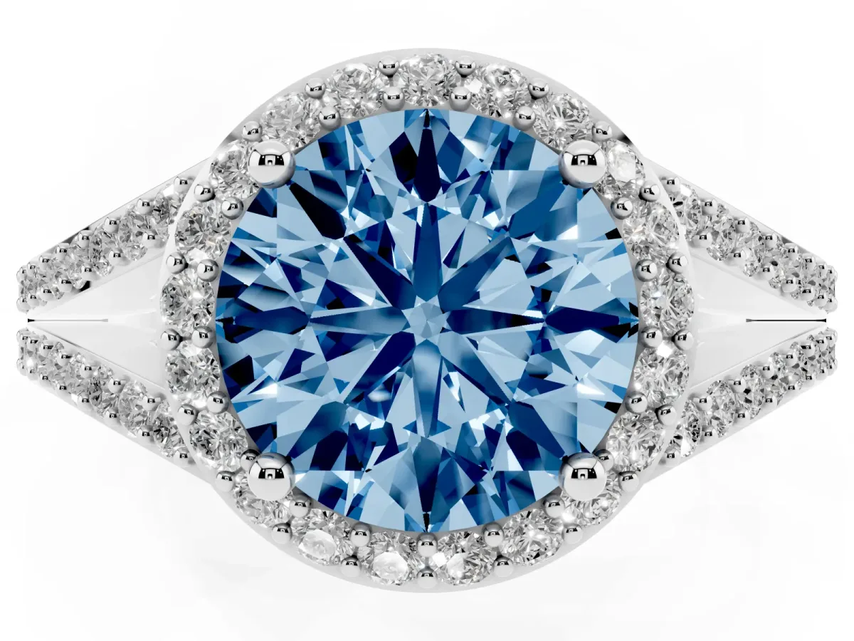 Fancy Blue Round Cut Halo Split Shank Diamond Ring with Prong Setting Platinum