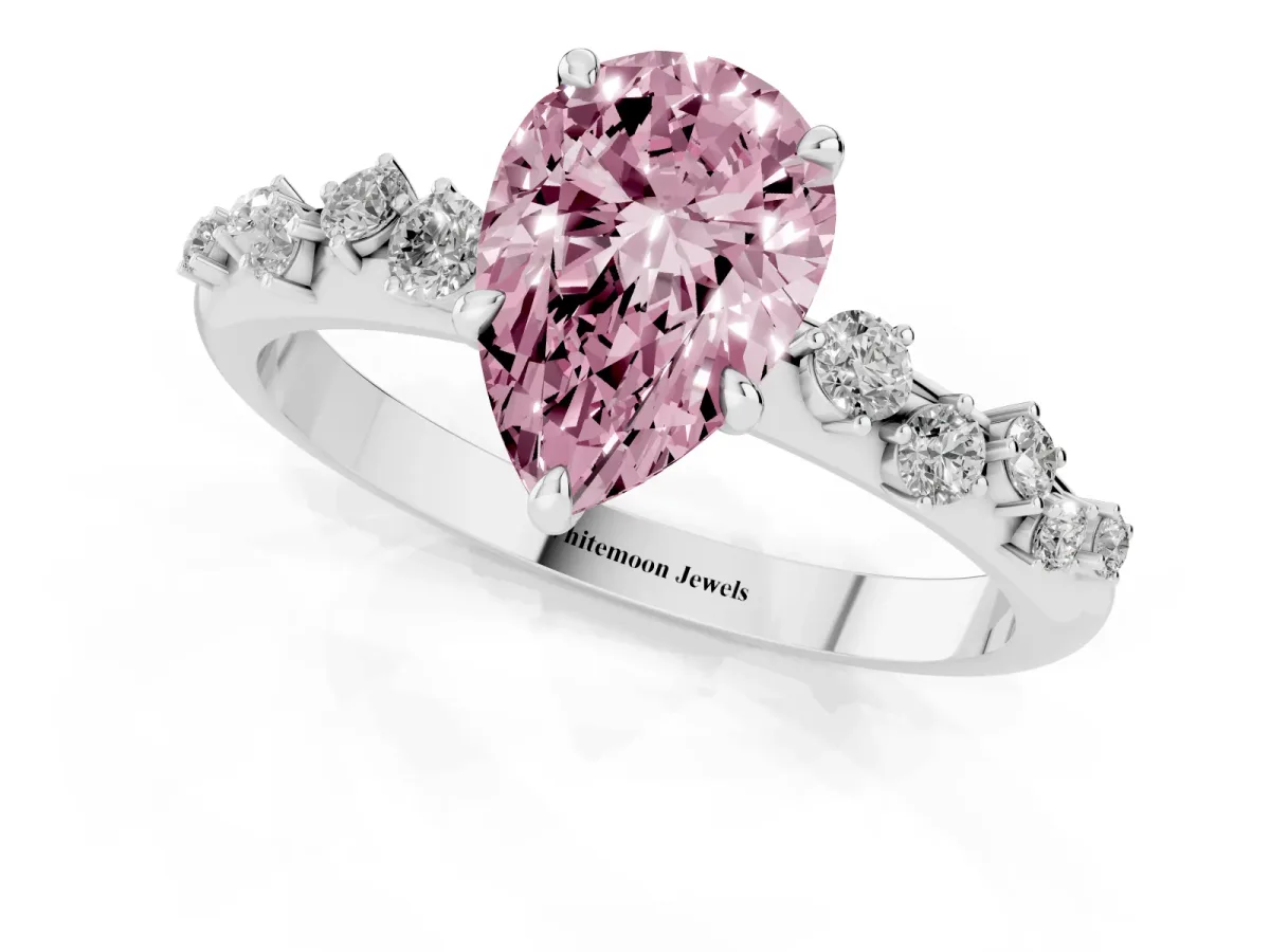 Fancy Pink Pear Cut Diamond Cluster Prong-Set Solitaire Ring White gold