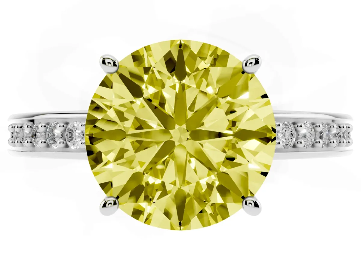 Fancy Yellow Round Cut Solitaire Pavé Band Prong Setting Ring Silver