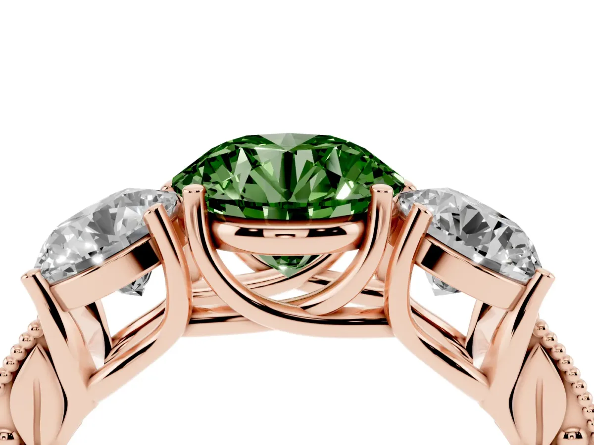 Fancy Green Three-Stone Round Cut Cut Milgrain Pavé Engagement Ring Rose gold