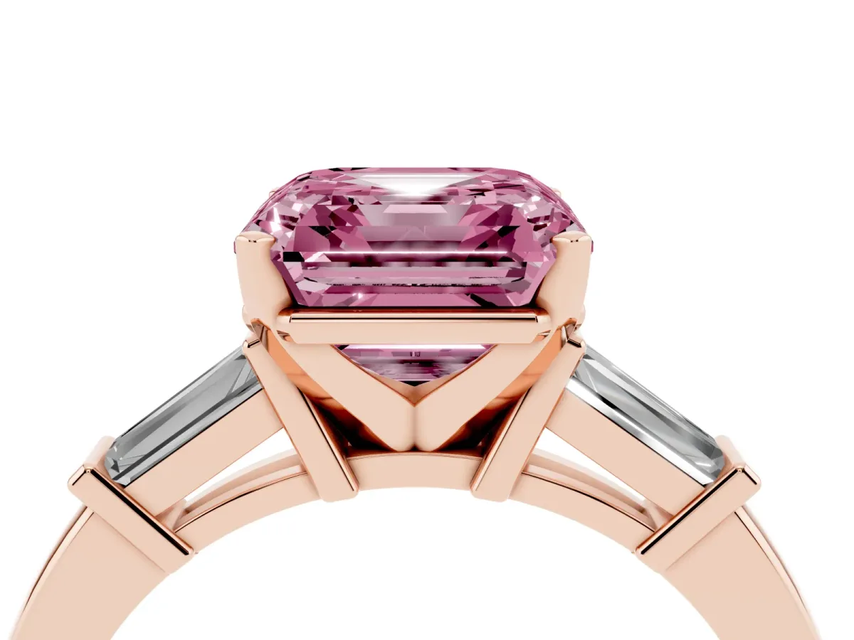 Fancy Pink Asscher Cut Cut Diamond Solitaire Ring with Tapered Baguette Accents and Four-Prong Setting Rose gold
