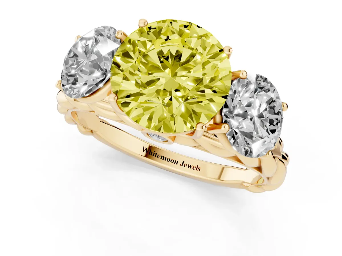 Fancy Yellow Three-Stone Round Cut Diamond Braided Band Ring with Four-Prong Setting Yellow gold
