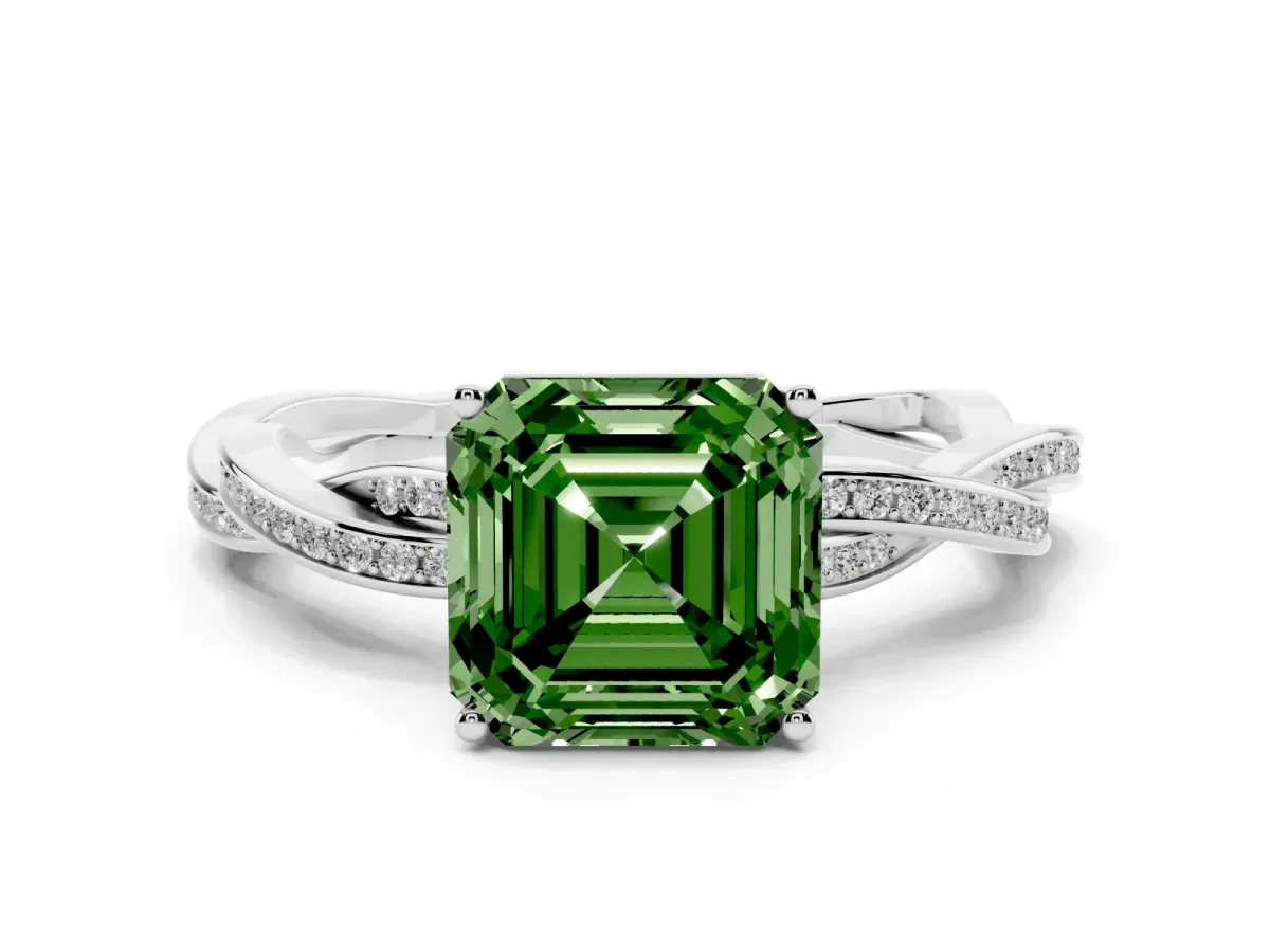 Fancy Green Asscher Cut Solitaire Twisted Pave Diamond Ring with Four-Prong Setting Silver