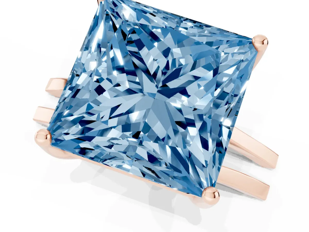 Fancy Blue Princess Cut Cut Diamond Solitaire Engagement Ring with Tapered Plain Band and Four-Prong Setting Rose gold