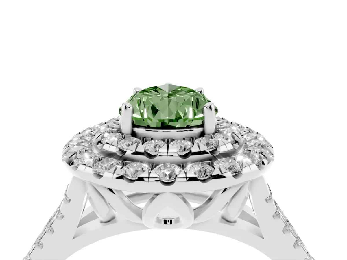 Fancy Green Double Halo Pear Cut Diamond Pavé Split Shank Ring with Prong Setting Platinum