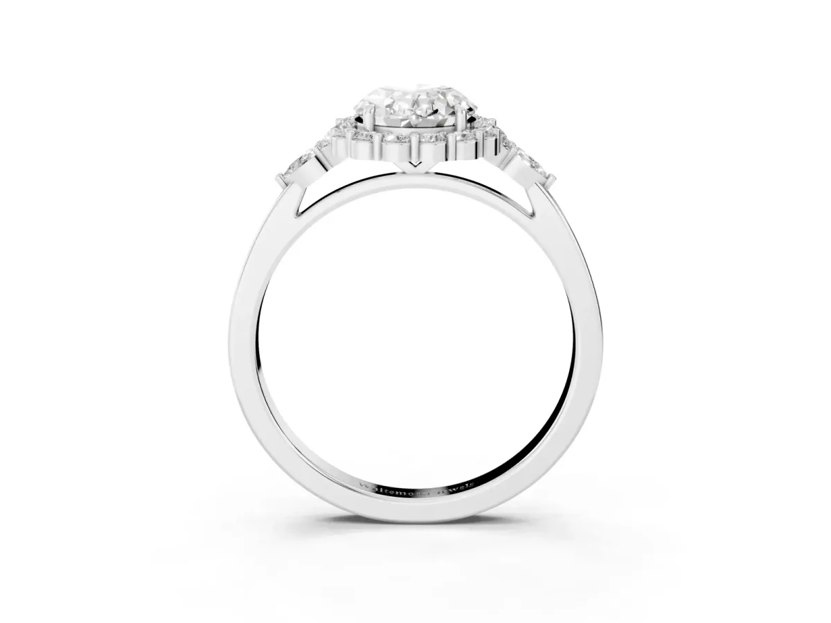 Oval Cut Diamond Halo Ring with Pear Side Stones and Prong Setting Silver