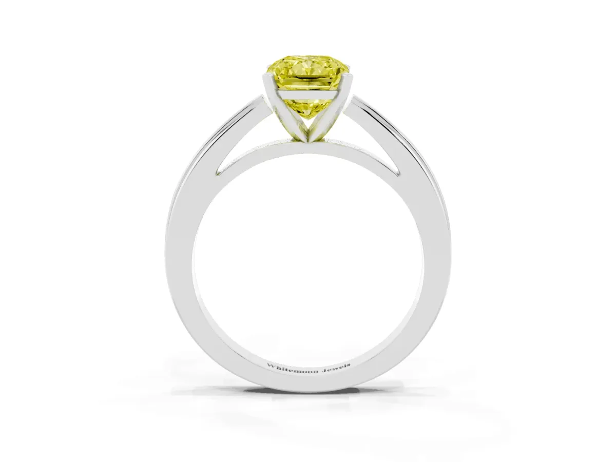 Fancy Yellow Radiant Cut Solitaire Diamond Ring with Four-Prong Setting and Classic Band Silver