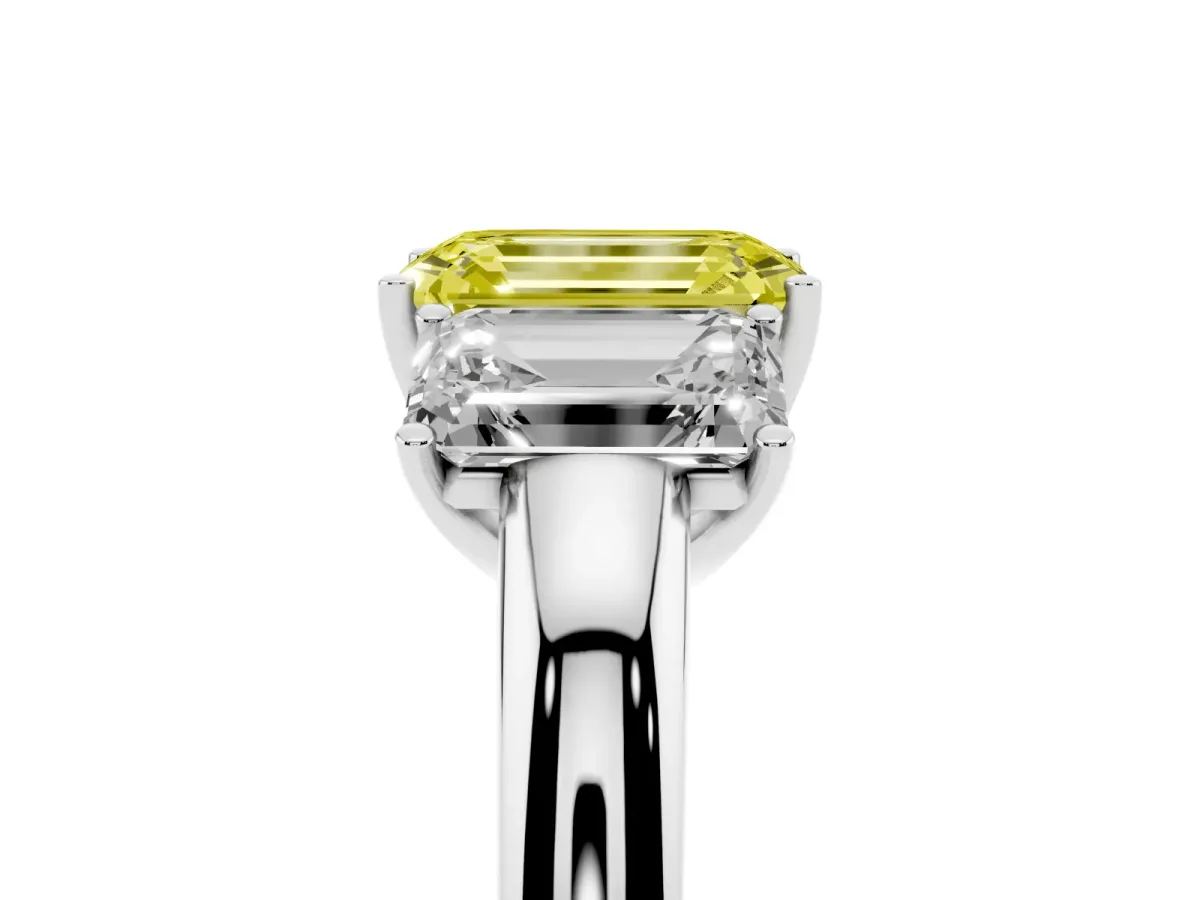 Fancy Yellow Emerald Cut Diamond Three-Stone Ring with Four-Prong Setting and Classic Band Silver