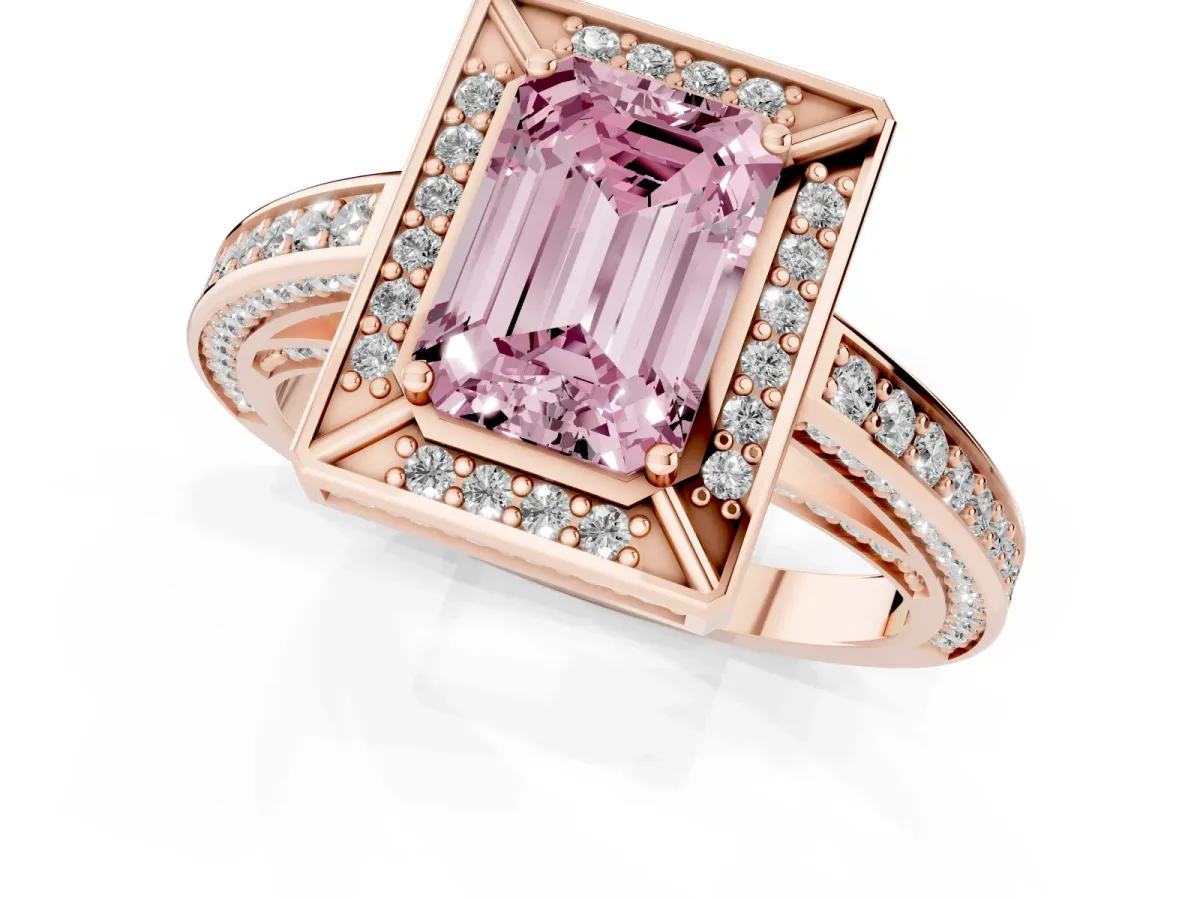 Fancy Pink Emerald Cut Cut Halo Pave Split Shank Prong Setting Ring Rose gold