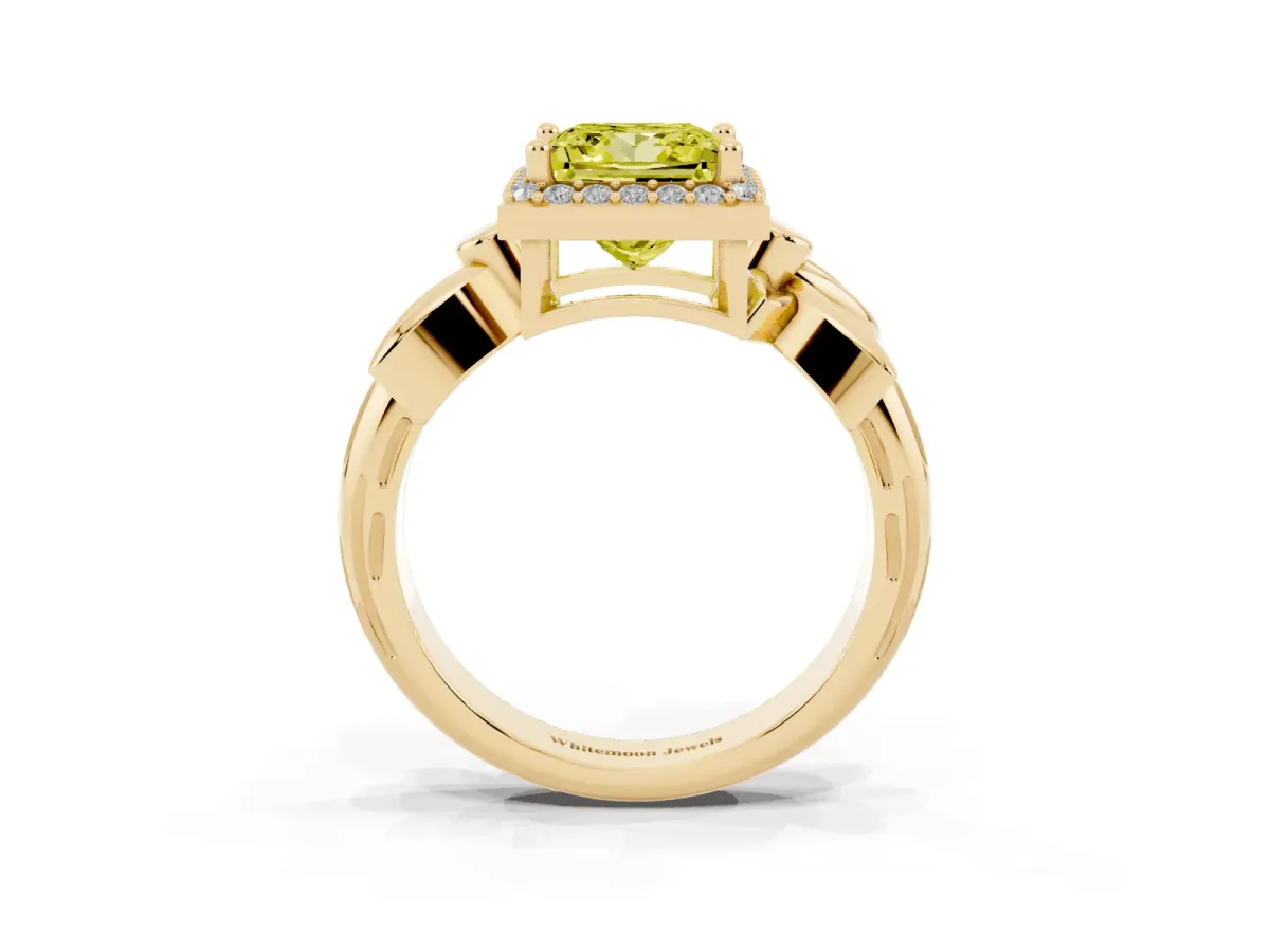 Fancy Yellow Princess Cut Halo Diamond Floral Band with Four-Prong Setting Yellow gold