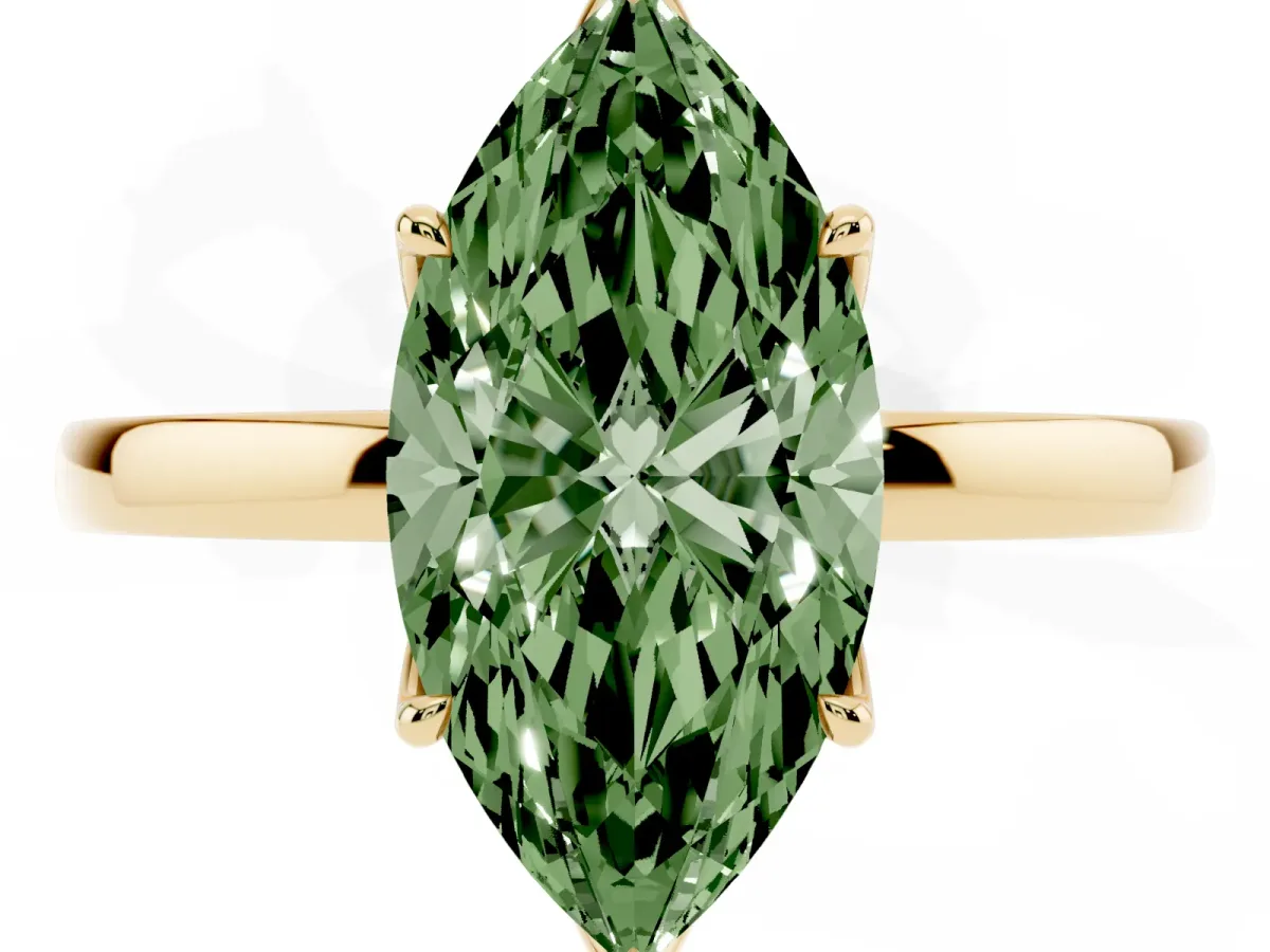 Fancy Green Marquise Cut Diamond Solitaire Ring with Thin Band and Prong Setting Yellow gold