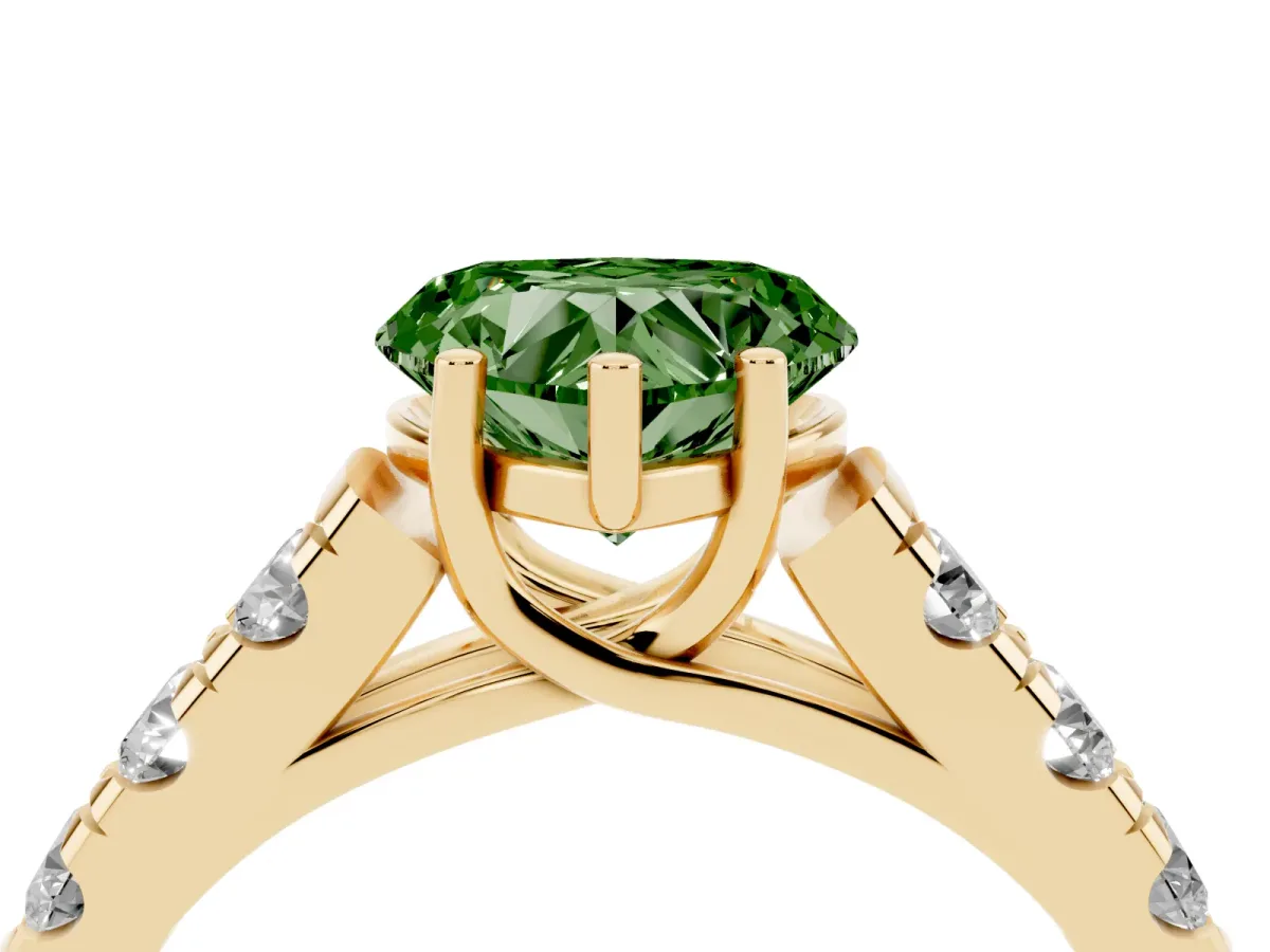 Fancy Green Heart Cut Cut Diamond Solitaire Ring with Micro Pave Band and Prong Setting Yellow gold