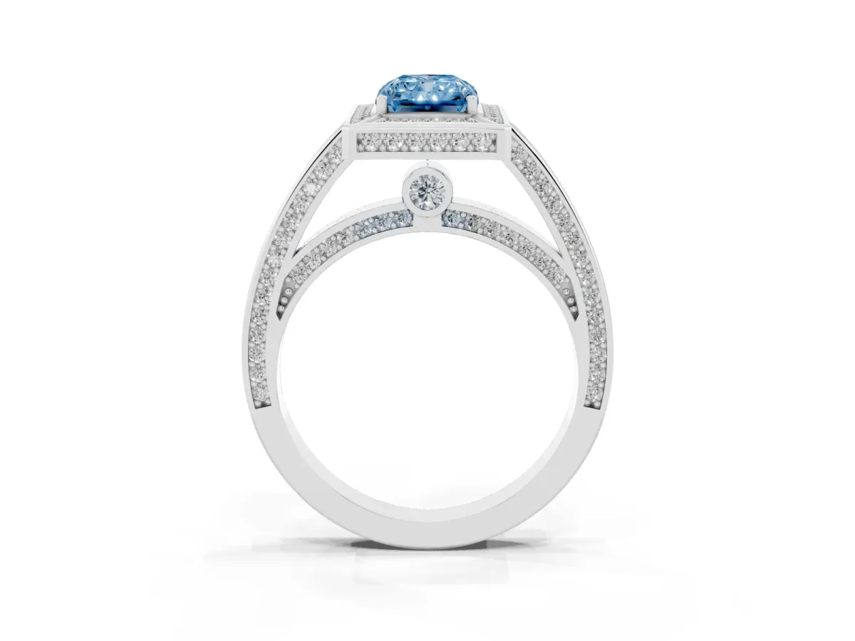 Fancy Blue Radiant Cut Cut Halo Pave Split Shank Prong Setting Ring White gold